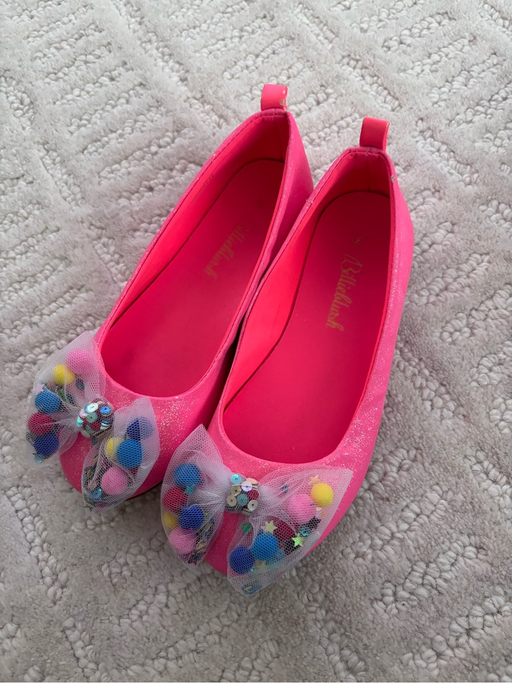 Billieblush Hot Pink Girls' Ballet Flats with Tulle Bow and Pom-Poms